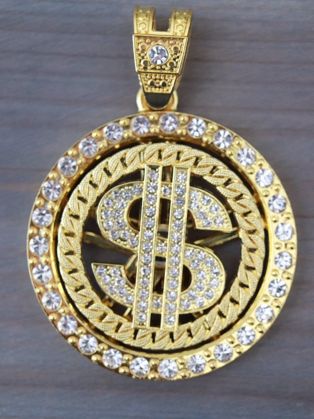 Dollar $ Spinning Ice Pendant CZ Diamond 18k Gold Plated